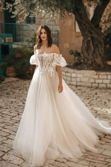 Vintage Simple Wedding Dresses Boat-Neck A-Line Bridal Gowns Lace Appliques Tulle Robes Off The Shoulder Vestidos De Novia White