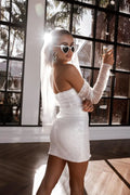 Off Shoulder Beading Mini Sheath Short Wedding Dress For Women Shiny Long Sleeves Above Knee Bridal Gown