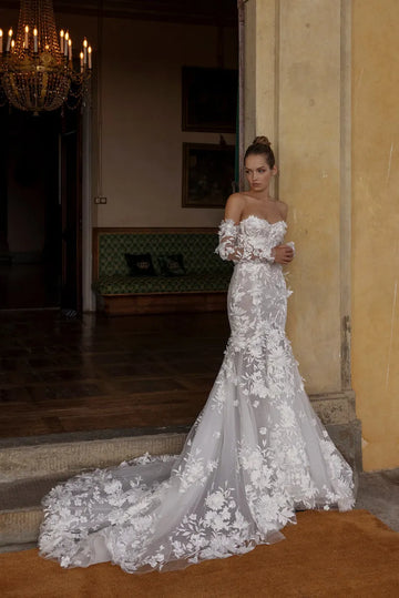 Romantic Sweetheart Neck Wedding Dress Sparkly Sequins Appliques Bride Robe Elegant Mermaid Long Bridal Gown Robe De Mariée Ivory