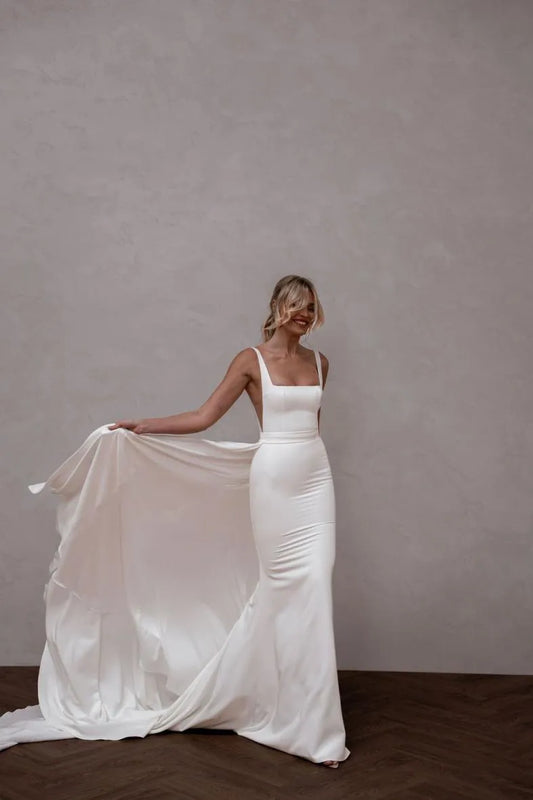 Sexy Detachable Long Train Square Collar Wedding Dresses Elegant Backless Satin Mermaid Bridal Gowns Vestidos De Novia