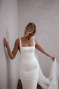 Sexy Detachable Long Train Square Collar Wedding Dresses Elegant Backless Satin Mermaid Bridal Gowns Vestidos De Novia