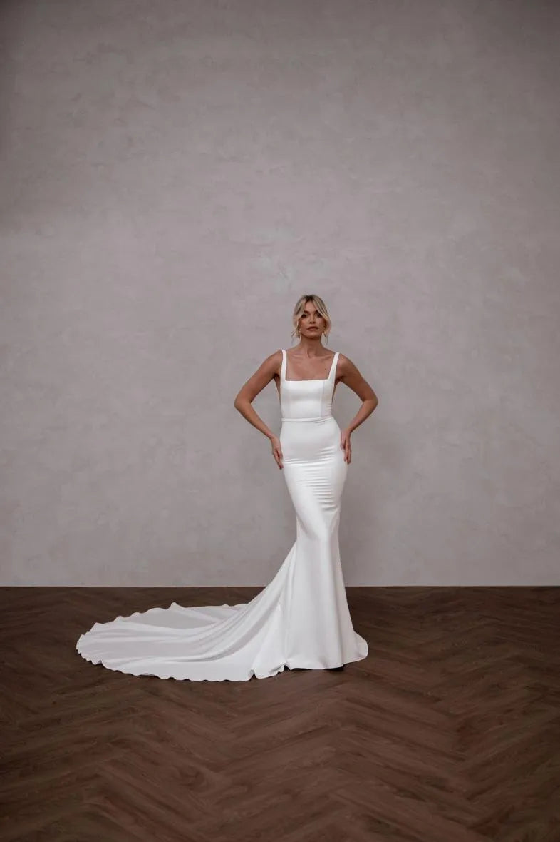 Sexy Detachable Long Train Square Collar Wedding Dresses Elegant Backless Satin Mermaid Bridal Gowns Vestidos De Novia White