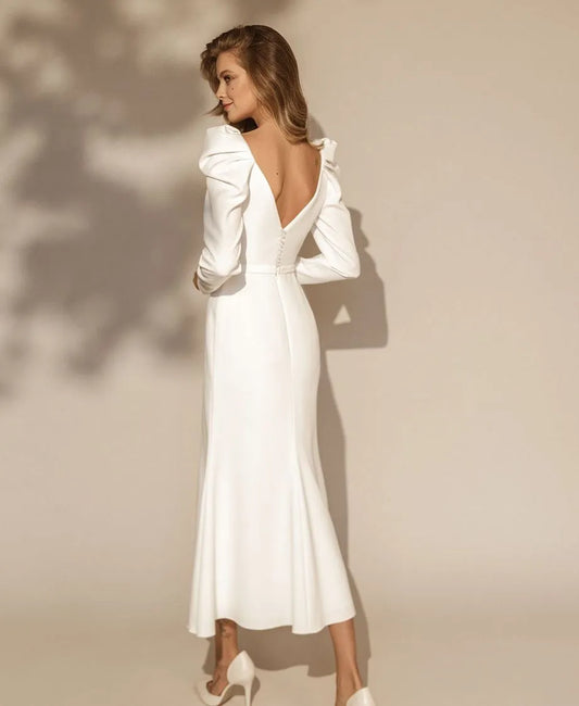 Elegant Wedding Dresses Square Neck Long Sleeve Short Mermaid Tea-Length Bridal Gown Wedding Party Dress Satin Formal Dress