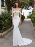 Luxury Formal Elegant Wedding Dresses Women's Sexy Mermaid Off Shoulder Backless For Bridal Gowns Lace Satin Robe De Soirée Beige