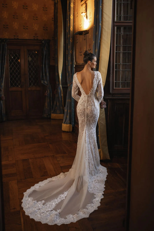Sexy See Through Weeding Dress Shiny Deep V-neck Bride Robe Appliques Lace Floor-length Bridal Dresses Vestidos De Novia
