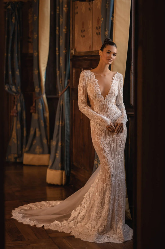 Sexy See Through Weeding Dress Shiny Deep V-neck Bride Robe Appliques Lace Floor-length Bridal Dresses Vestidos De Novia Champagne