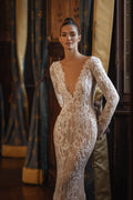 Sexy See Through Weeding Dress Shiny Deep V-neck Bride Robe Appliques Lace Floor-length Bridal Dresses Vestidos De Novia
