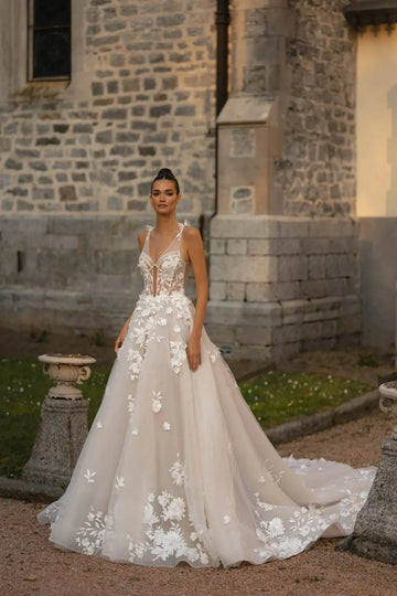 3D Flowers Weeding Dress Elegant Deep V-neck Bride Robe Appliques A-line Floor-length Bridal Dresses Vestidos De Novia As Picture