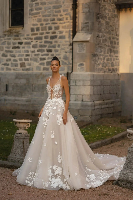 3D Flowers Weeding Dress Elegant Deep V-neck Bride Robe Appliques A-line Floor-length Bridal Dresses Vestidos De Novia As Picture