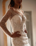 Luxury Shining bridal Gowns Sequins With Tulle Mermaid Dresses O-neck Full Sleeve Elegant Gowns Button Vestido De Casamento