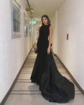 O Neck Black Backless Bow Prom Dress A Line Sleeveless Long Train Dubai Evening Night Party Dresses Vestidos Prom Gowns