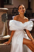 Graceful Satin Wedding Dresses Boat Neck Bridal Gowns Off The Shoulder A-Line Robes For Formal Party Side Slit Vestidos De Novia