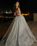 Sliver Shiny Glitter Wedding Dresses A Line Strapless Boho Bride Dress Long Train Vestidos de novia Wedding Gowns