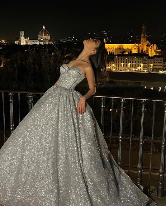 Sliver Shiny Glitter Wedding Dresses A Line Strapless Boho Bride Dress Long Train Vestidos de novia Wedding Gowns