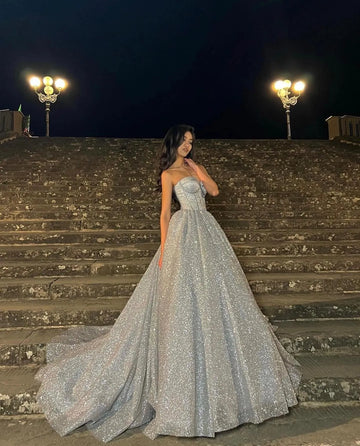 Sliver Shiny Glitter Wedding Dresses A Line Strapless Boho Bride Dress Long Train Vestidos de novia Wedding Gowns Ivory