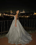 Sliver Shiny Glitter Wedding Dresses A Line Strapless Boho Bride Dress Long Train Vestidos de novia Wedding Gowns