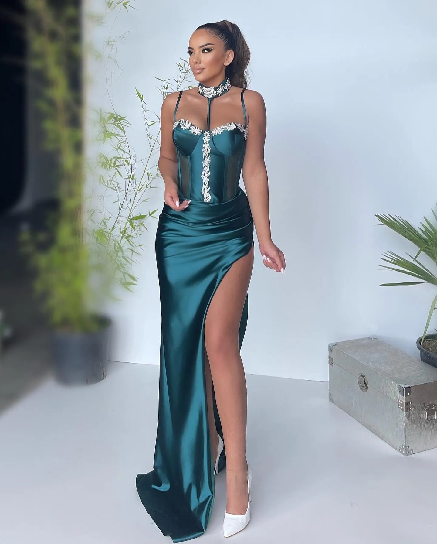 Green Crystal Floral Pin Prom Dresses Mermaid Side High Split Evening Dress Satin Backless Floor-Length vestidos de fiesta