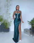 Green Crystal Floral Pin Prom Dresses Mermaid Side High Split Evening Dress Satin Backless Floor-Length vestidos de fiesta