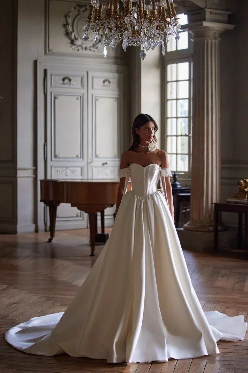 Simple Satin Wedding Dress - Off Shoulder Ball Gown With Train For Beach & Outdoor Weddings