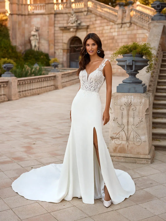 High Split Mermaid Wedding Dress Fashion V-Neck Sleeveless Satin Bride Party Spaghetti Straps Backless Button Robe Mariée Ivory