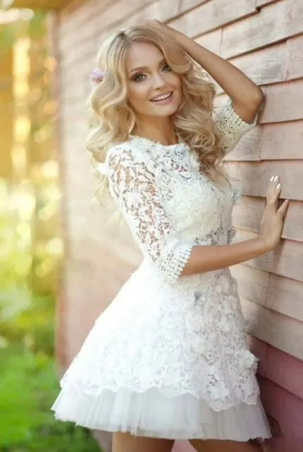 On Sale Sexy Ivory Bride Dress Lace Wedding Dresses Mini Length with 3/4 Sleeves Bridal Gowns Short O Neckline