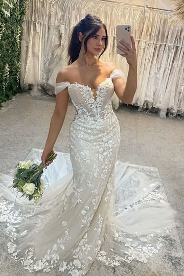Elegant Mermaid Wedding Dresses Women Open Back Sweetheart Off The Shoulder Bridal Gowns Sweep Train Vestidos De Novia White