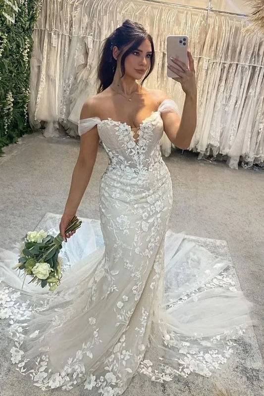 Elegant Mermaid Wedding Dresses Women Open Back Sweetheart Off The Shoulder Bridal Gowns Sweep Train Vestidos De Novia White