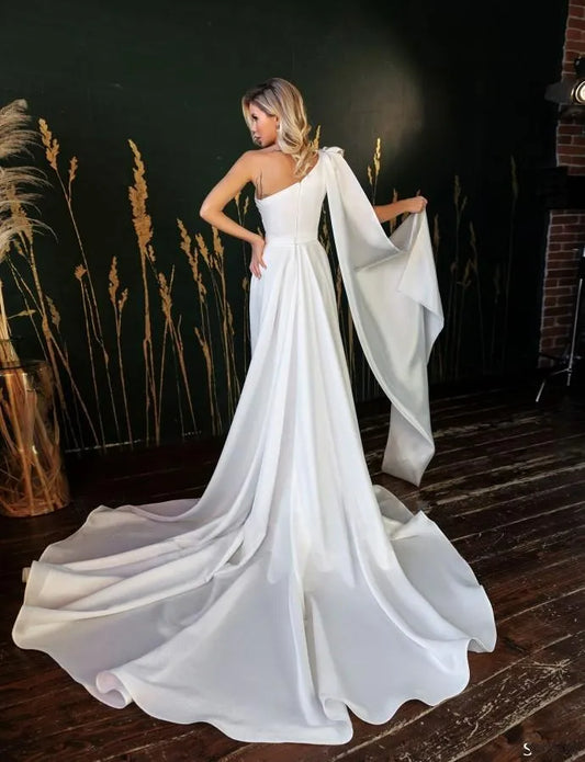 Simple Shawl Sexy Satin Wedding Dresses Formal Women's Backless One Shoulder Sweep Train For Bridal Gowns Elegant Robe De Soirée