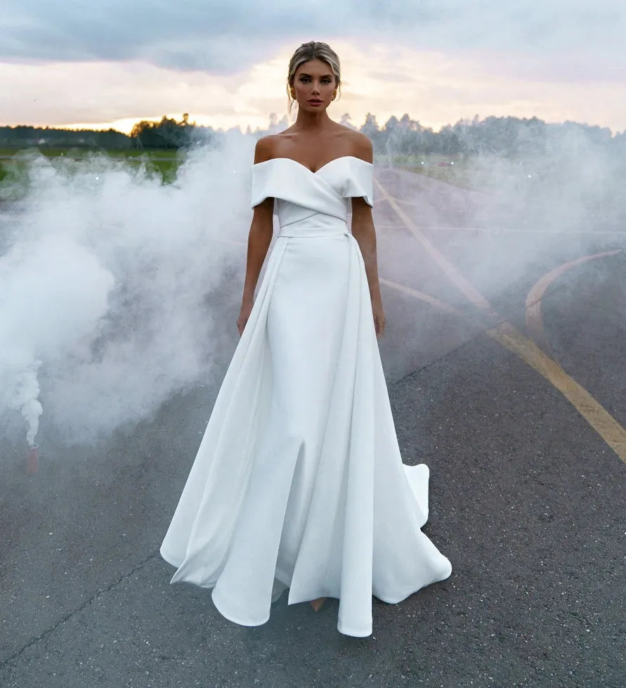 Modern Detachable Train Wedding Dresses Women's Mermaid Off Shoulder Sexy Backless Formal Bridal Gowns Vestidos De Novia Beige
