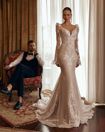 Luxury Mermaid Wedding Dresses Illusion Button Back Flare Sleeves Bride Dress Lace Long Bridal Gowns Ivory