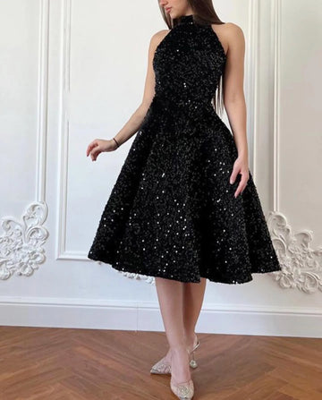 Black Knee-Length Glitter High Neck A-line Prom Dresses Elegant Sleeveless Shiny Sequins Formal Evening