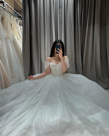 Elegant Glitter Lace Wedding Dresses Sweetheart A-Line Shiny Off Shoulder Bridal Gowns Backless Sparkly Bride Dress White 50cm