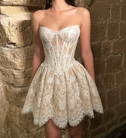 Beach Vestido De Novia Cortos Full Lace Appliques Strapless Short Bride Dress A Line Corset Back Wedding Party Dresses Custom Color