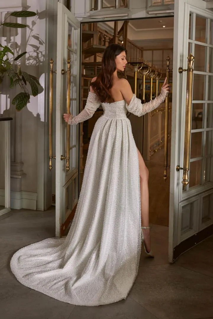 Pretty Wedding Dresses Glamorous Bridal Gowns Beading Appliques Strapless Backless High Slit Robes For Brides Vestidos De Novia