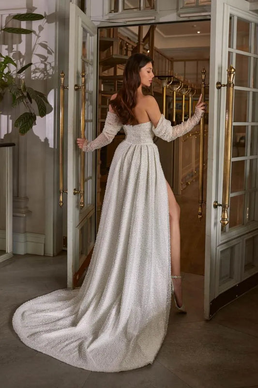 Pretty Wedding Dresses Glamorous Bridal Gowns Beading Appliques Strapless Backless High Slit Robes For Brides Vestidos De Novia