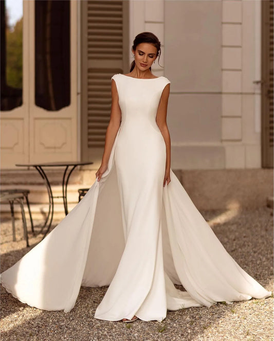 Simple Sleeveless Wedding Dresses Women's Mermaid Sexy Formal Backless Bridal Gowns Detachable Train Satin Vestido De Novia White