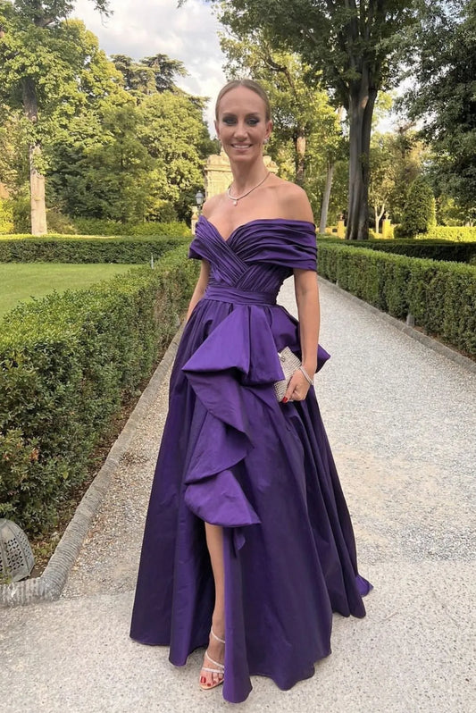 Taffeta Off Shoulder A-line Sexy Side Split Vestidos De Noche Puffy Purple Prom Dress
