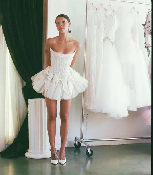 Princess Short Wedding Party Dresses Bow Front Corset Strapless Fitted Slim Tutu Ball Gown Bride Prom Gowns Dance Girls Black