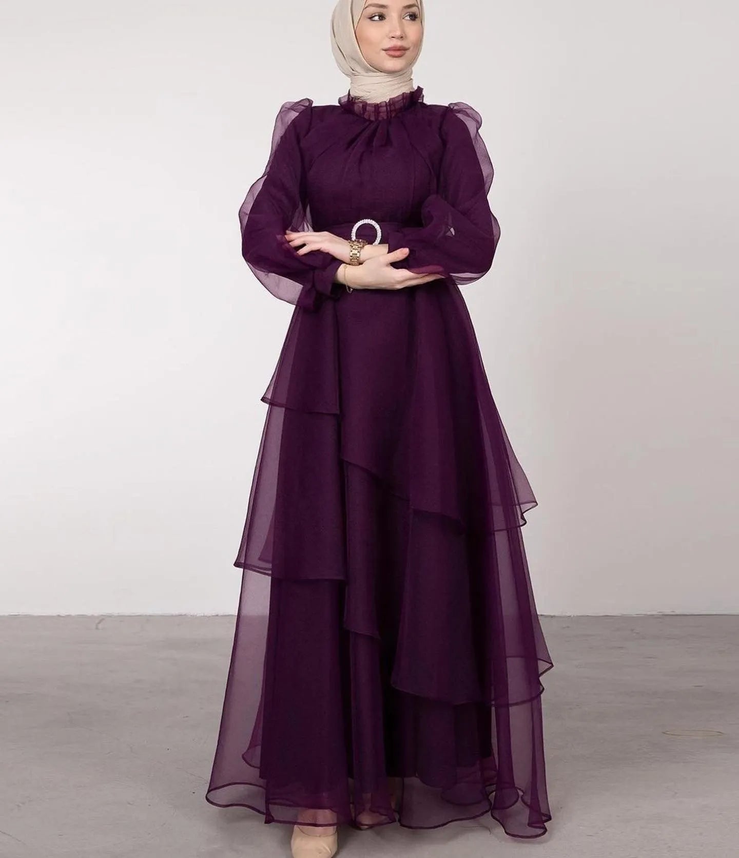 Organza Moslim Prom Jurken Hoge Hals Lange Mouwen Gelaagde Vrouwen Fee