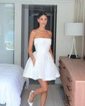 White Satin Strapless Wedding Party Dresses with Pockets A Line Short Ball Gowns Bride Dress Back Lace Up