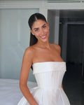 White Satin Strapless Wedding Party Dresses with Pockets A Line Short Ball Gowns Bride Dress Back Lace Up