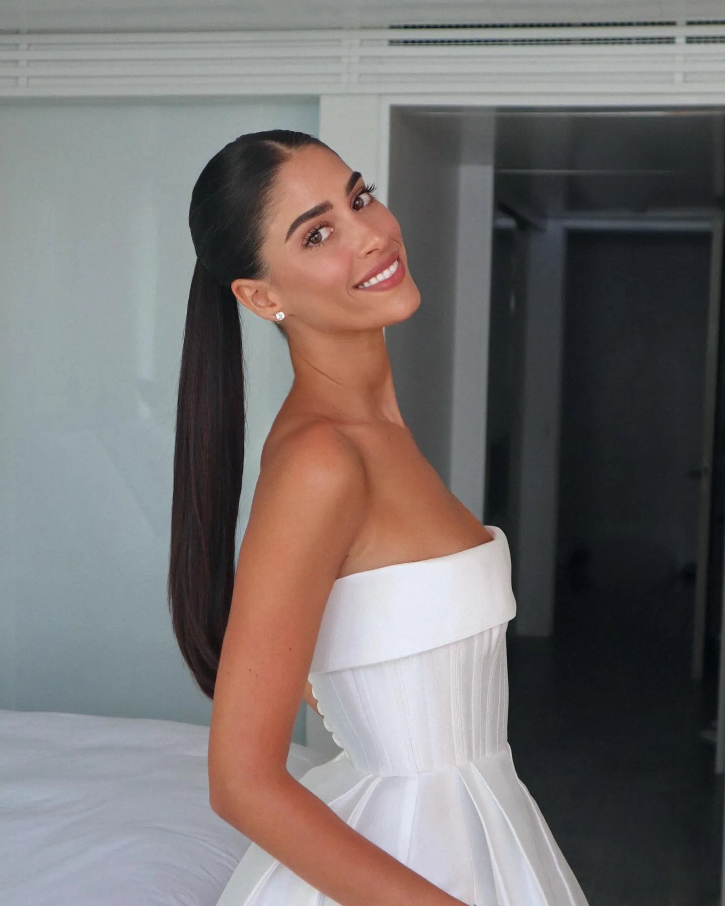 White Satin Strapless Wedding Party Dresses with Pockets A Line Short Ball Gowns Bride Dress Back Lace Up