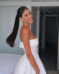 White Satin Strapless Wedding Party Dresses with Pockets A Line Short Ball Gowns Bride Dress Back Lace Up