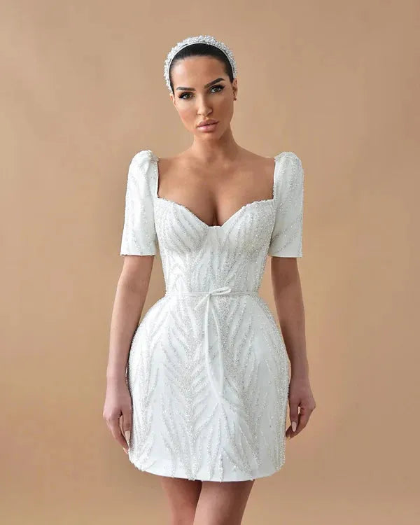 Glitter Wedding Dress Mini Sheath/Column Short Sleeves V Neck Wedding Gowns for Women Bride Backless Luxury Bridal Dresses Short