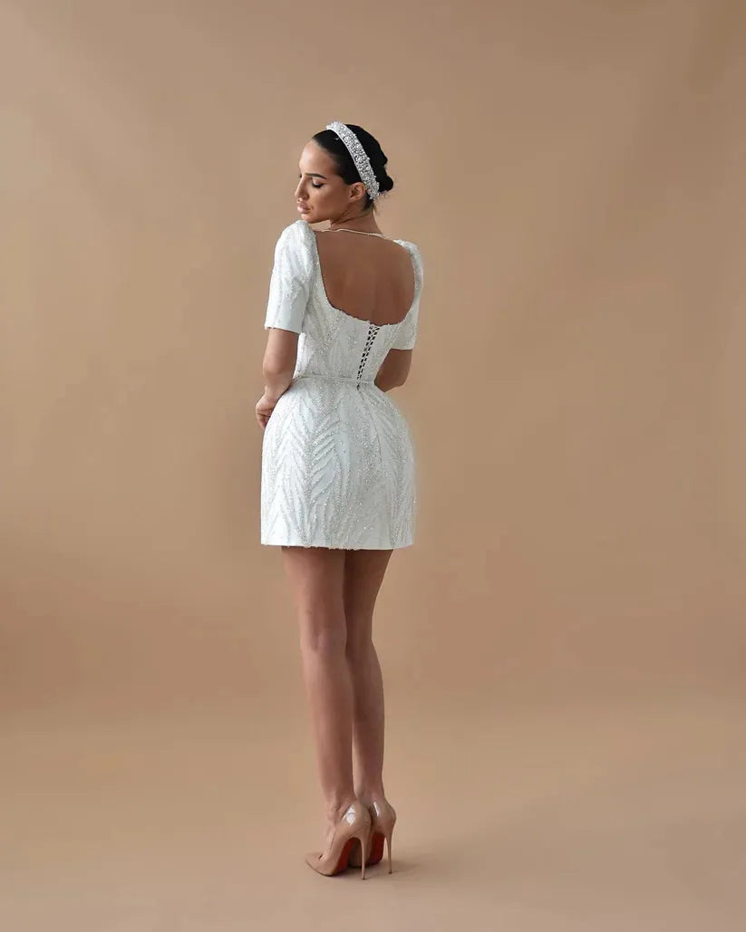 Glitter Wedding Dress Mini Sheath/Column Short Sleeves V Neck Wedding Gowns for Women Bride Backless Luxury Bridal Dresses Short