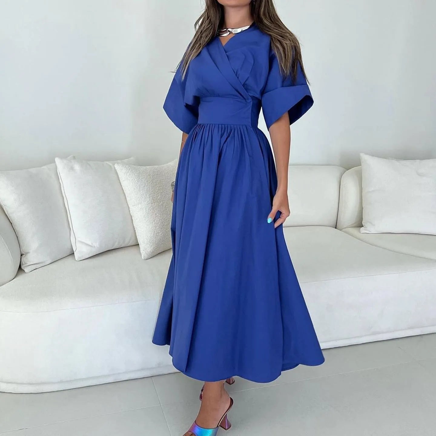 Simple Royal Blue Saudi Arabic Evening Dress V-Neck Pleated A-Line Ankle Length Prom Dresses