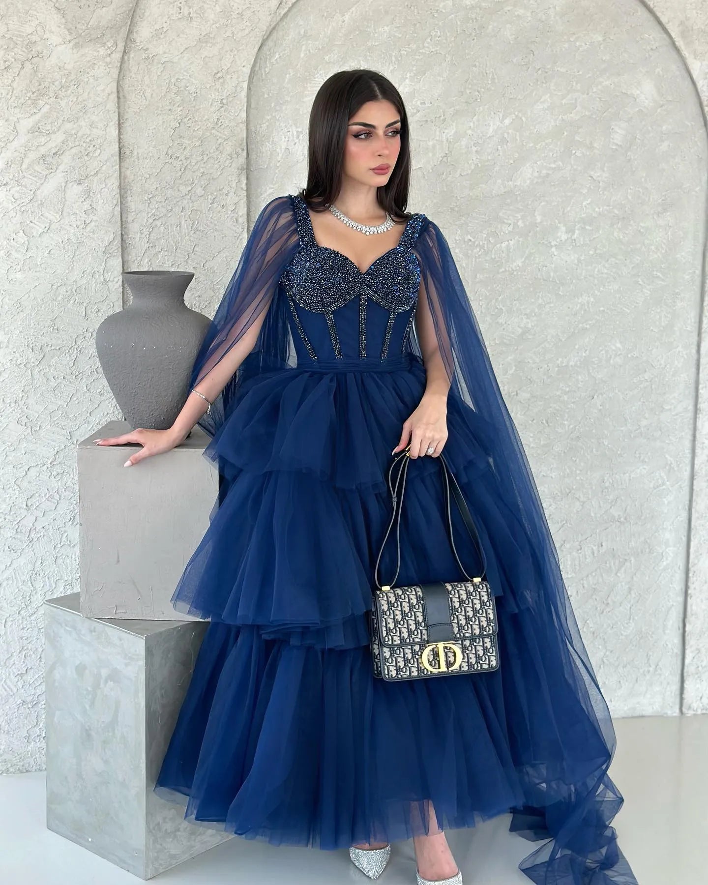 Elegant Royal Blue Tulle Evening Dresses Appliques Tiered Long Cape Sl