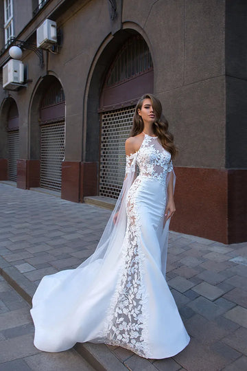 Graceful Sexy White Satin Halter Neck Mermaid Wedding Dresses Appliques Illusion Tulle Bridal Gowns Custom Vestidos De Novia