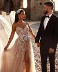 Graceful Champagne Sweetheart Wedding Dresses Lace Appliqued Beaded Split Woman Bridal Dress Robe Custom Vestido De Novia