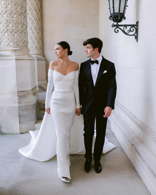 Simple Satin Off Shoulder Mermaid Wedding Dress A-Line Tulle Long Sleeves Bridal Gowns Sexy Back Sweetheart Vestidos De Novia